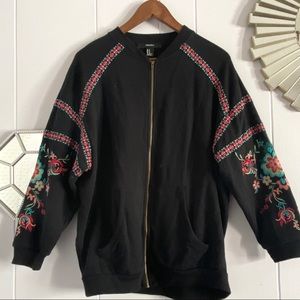 F21 Embroidered Black Red Long Bomber Jacket M